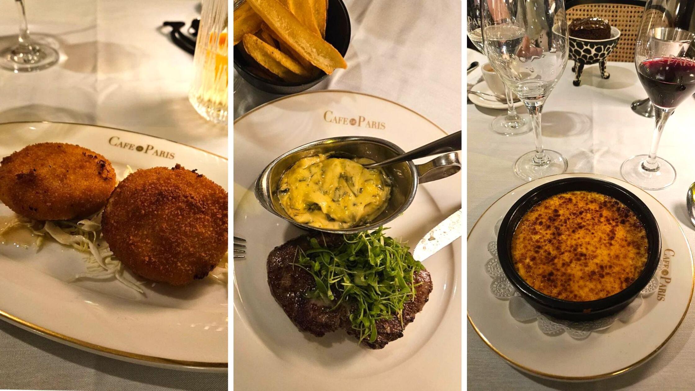 Im Café de Paris bekommen Gäste etwa die klassisch belgischen Käsekroketten, ein Rindersteak mit Pfeffersoße und Kresse, belgische Fritten und cremiges Creme Brulée.