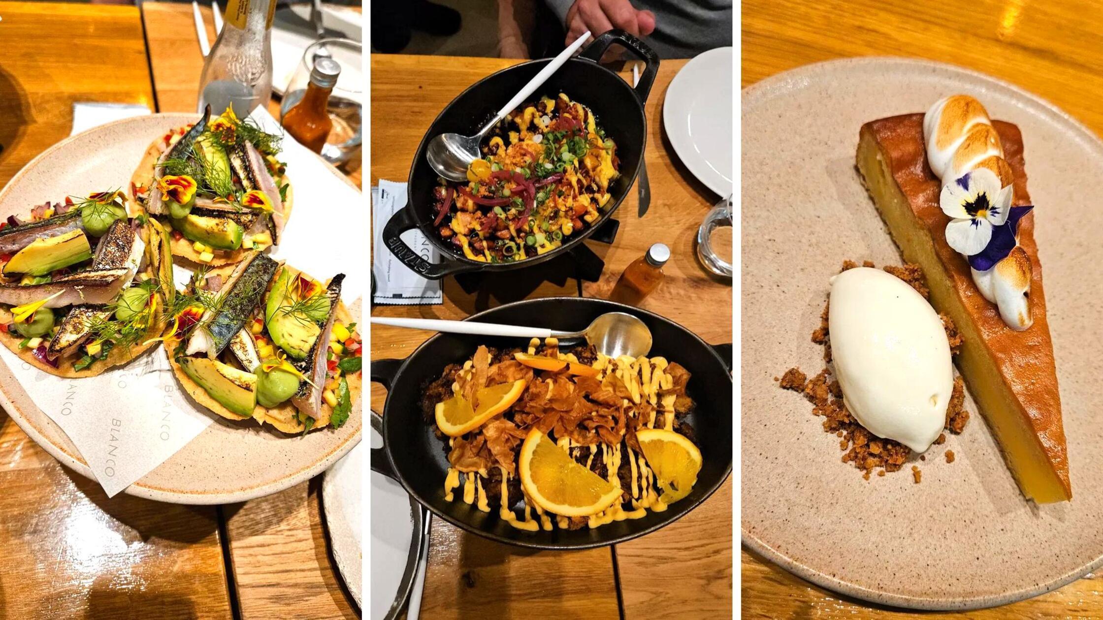 Probieren dürfen sich Gäste im Fine-Dining-Restaurant „Blanco“ etwa an Tacos mit Makrele, gegrillter Avocado, Mais und Dill oder geschmorrtem Schweinefleisch mit Ananas. Zum Nachtisch gibt es etwa gedeckte Tarte au Citron.