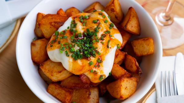 Delicious spanish patatas bravas tapas, fried piec