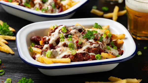 Chili Cheese Potato Fries topped with hot minced b