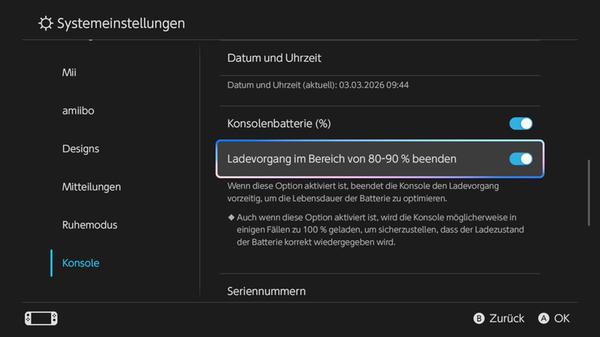 Nintendo Switch 2 Akku Ladevorgang begrenzen