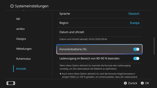 Nintendo Switch 2 Akkuanzeige in Prozent