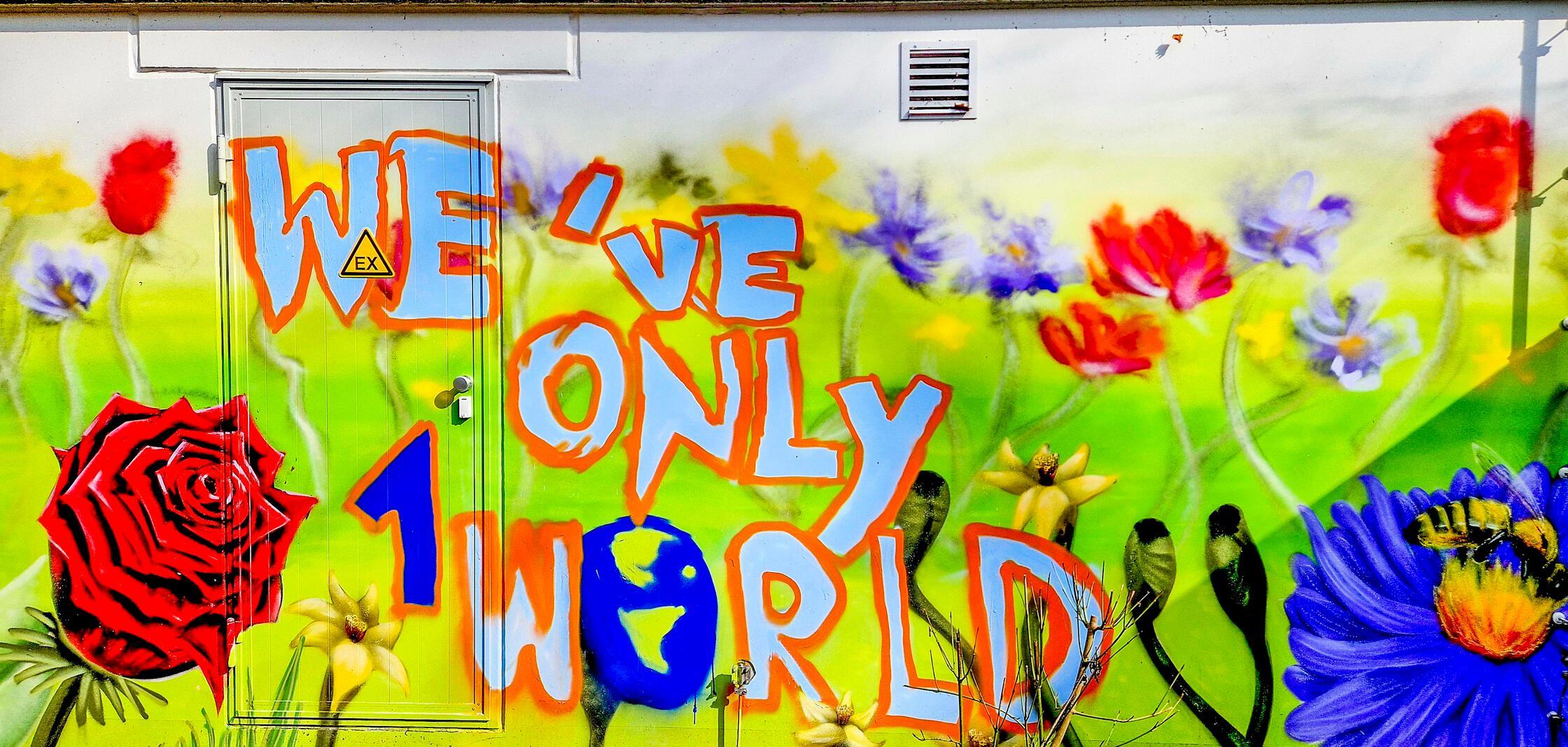 Wir haben nur die Welt - Die vielen farbigen Blumen und die Botschaft erinnern daran, dass wir nur eine Erde haben und sie schützen müssen.