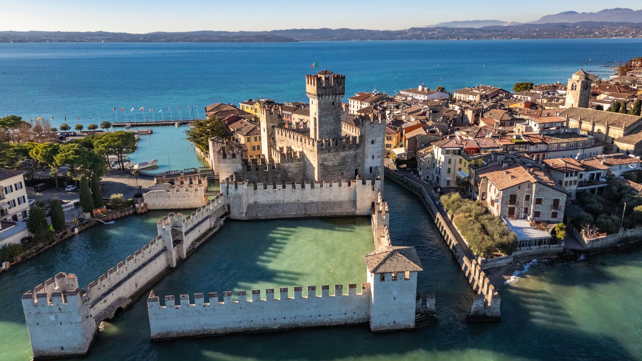 Aerial view of Sirmione Castle on Lake Garda, Ital