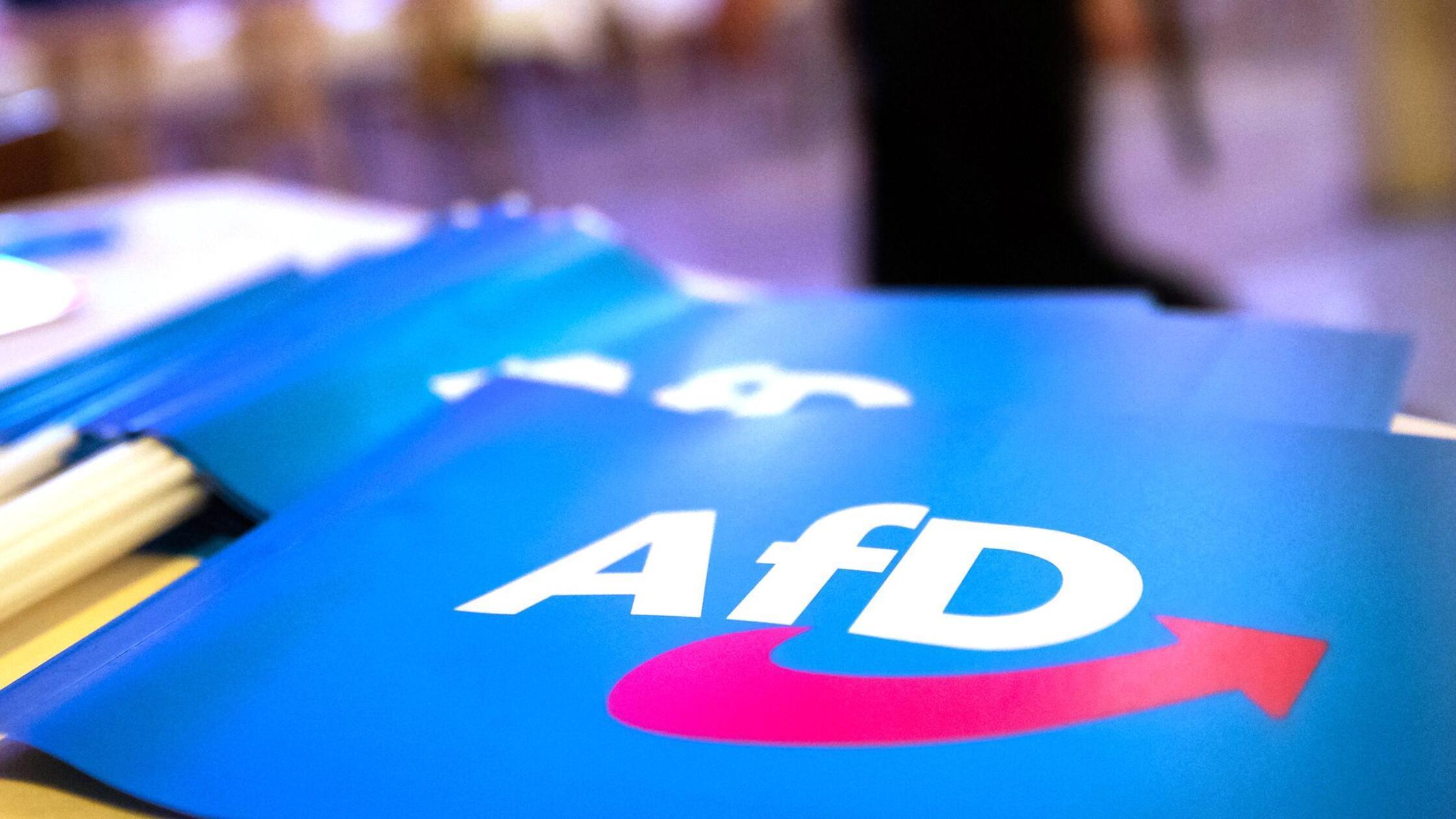 Fähnchen mit dem Logo der AfD liegen auf einem Tis