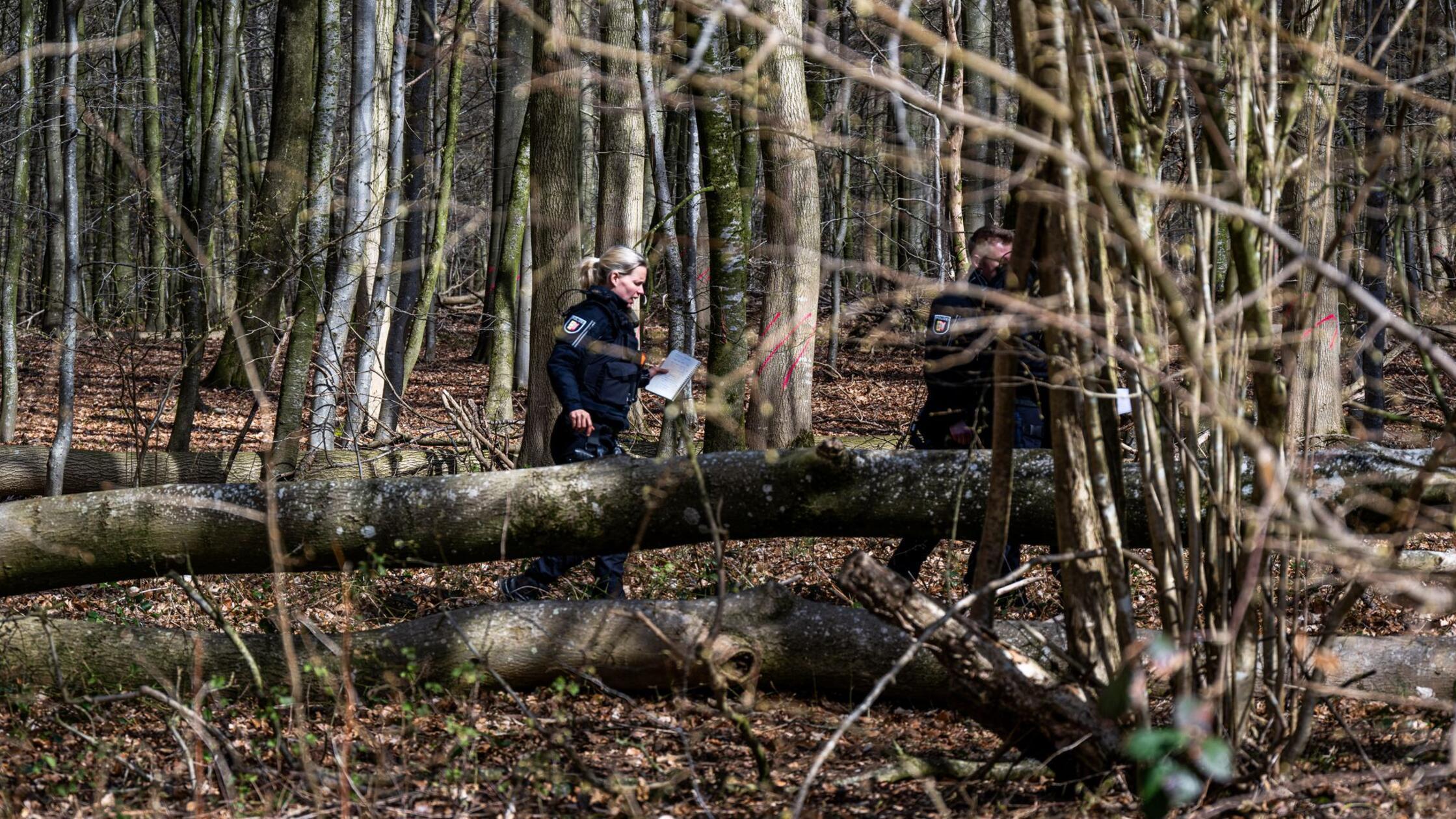 Einsatzkräfte der Polizei stehen in einem Waldstüc