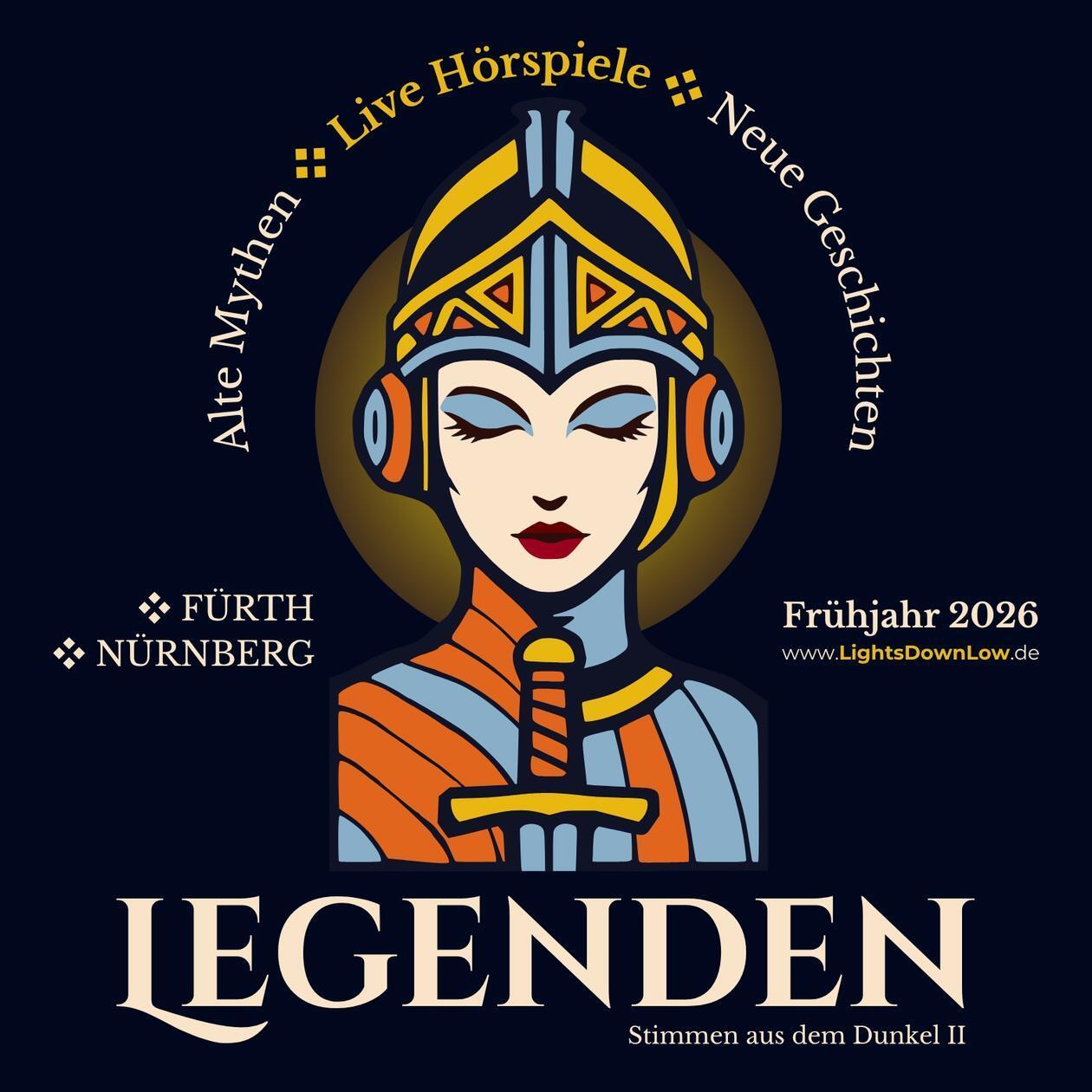 Mit seinem fünften Programm „Legenden“ im Gepäck kommt das Theaterkollektiv LightsDownLow am Freitag in den Fürther Kunstkeller o27. Die neue Show der Gruppe, die wie üblich in einem abgedunkelten Raum performt, beinhaltet vier teils komische, teils gruselige Live-Hörspiele aus vier Jahrhunderten. Das „Kino im Kopf“ startet um 20 Uhr.