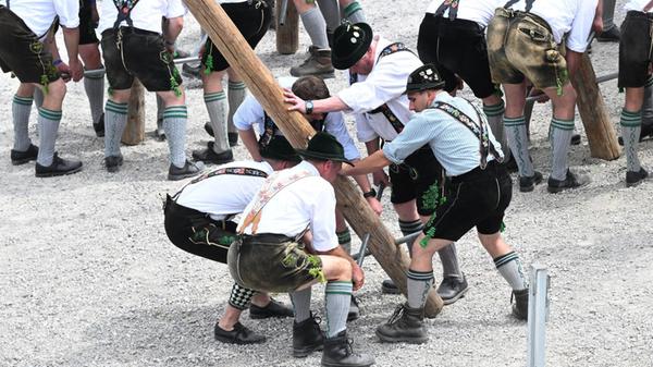 Ein Maibaum wird im Freilichtmuseum Glentleiten au