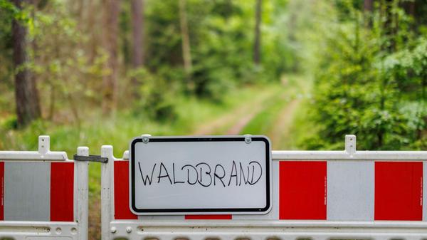 "Waldbrand" steht auf dem Schild an einem Absperrz