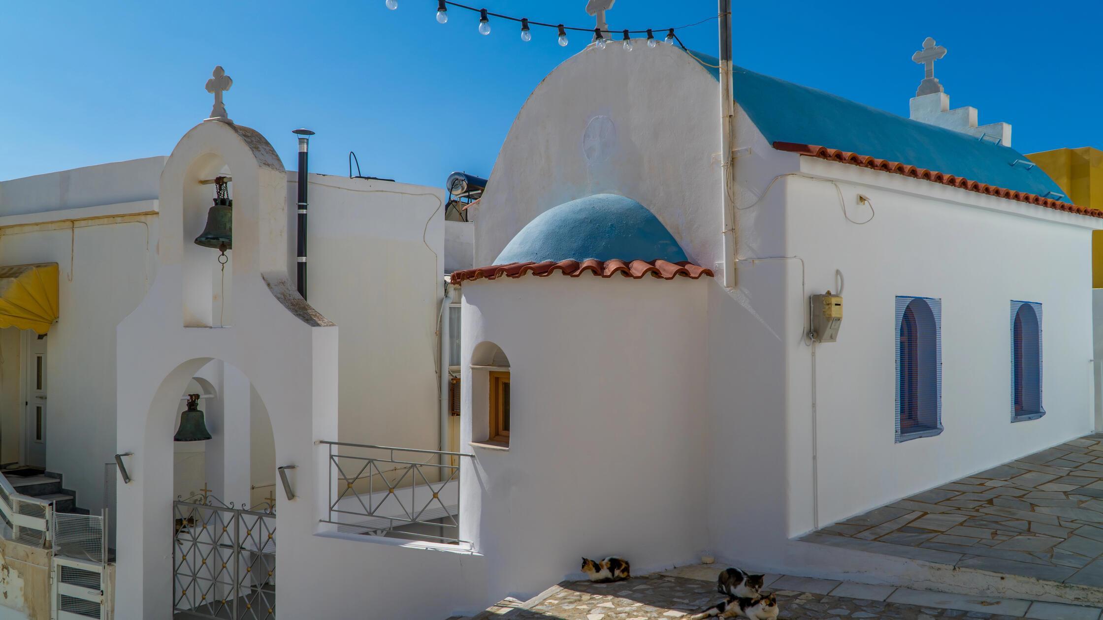 Small Cycladic white-blue orthodox church with cat