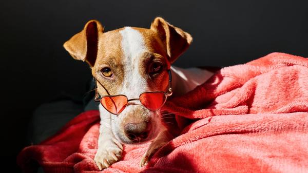 Cute Jack Russell terrier wearing heart shaped sun