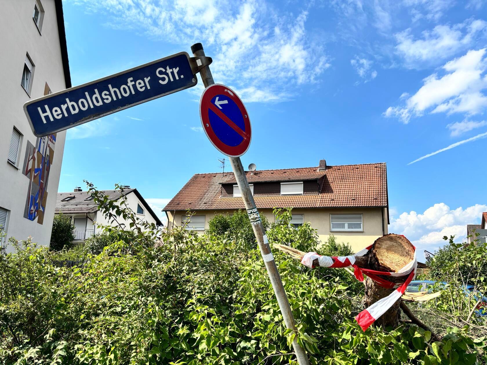 Das verheerende Unwetter hinterließ im Fürther Norden eine Spur der Zerstörung. Ein umstürzender Baum brachte dieses Straßenschild nur in Schieflage...