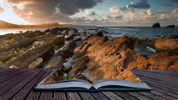 Creative composite image of seascape in pages of m