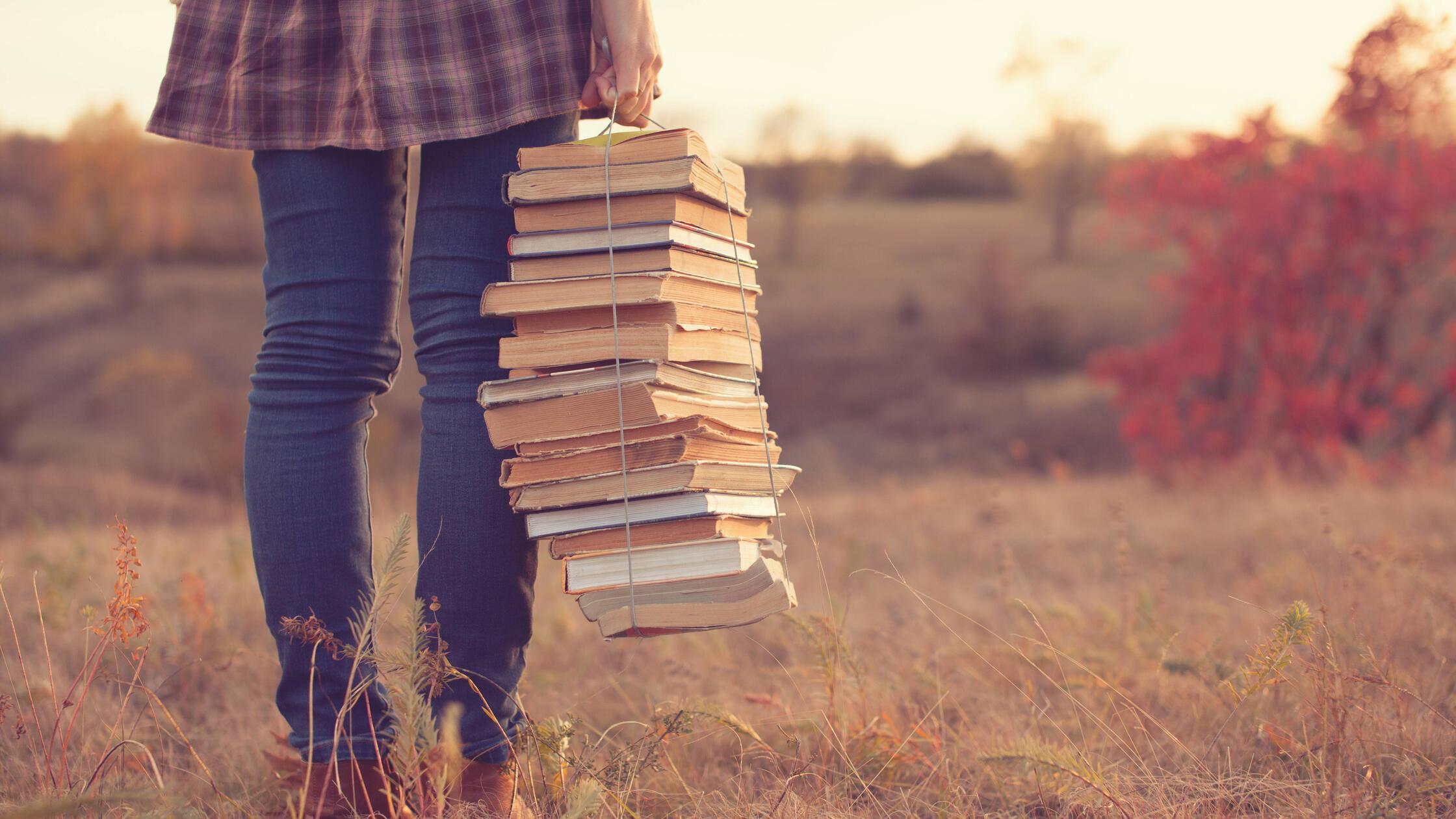 Hipster girl holding a stack of books,model releas