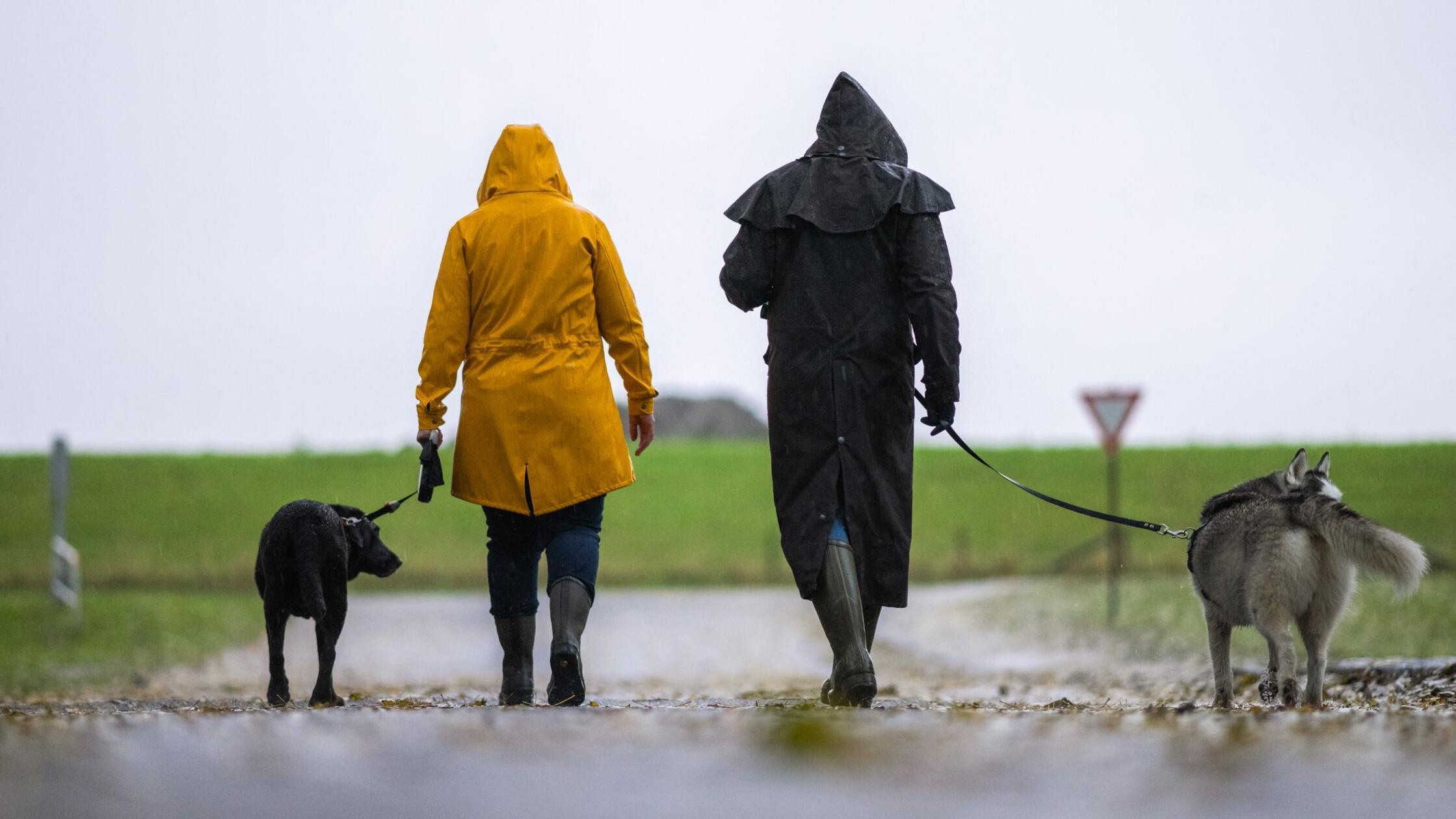Zwei Personen in Regenjacken gehen während des Stu
