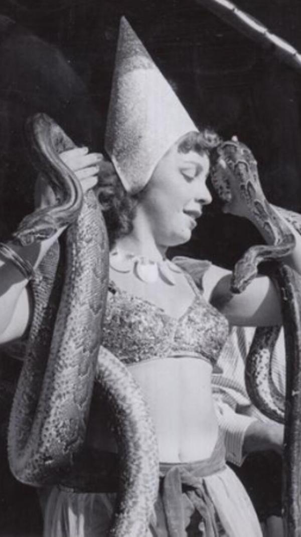 "Kaltlächelnd umgibt sich die orientalische Schönheit mit zwei ausgewachsenen Riesenschlangen - als ob es zahme Kätzchen wären", so beschrieben die Nürnberger Nachrichten Ende August 1958 die neue Reptilienschau auf dem Volksfestplatz.