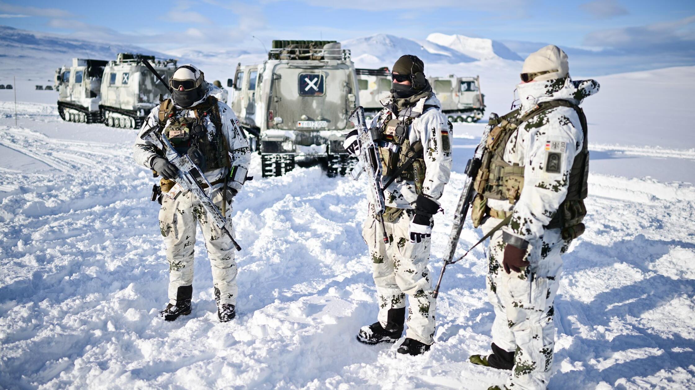 Gebirgsjäger stehen während der Militärübung "Cold