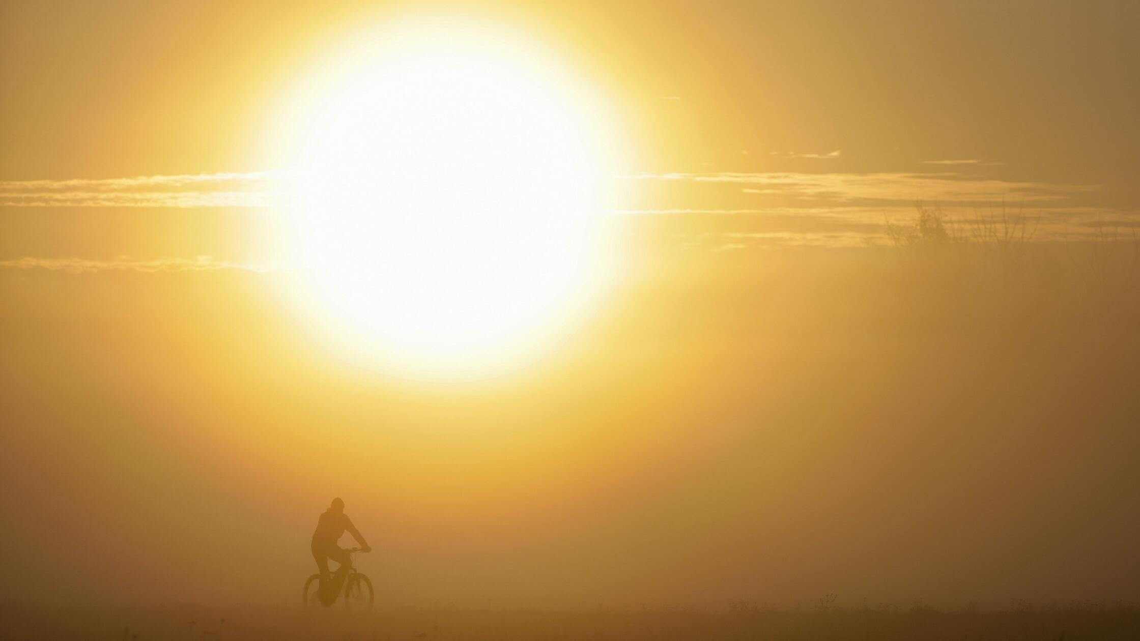 Ein Radfahrer ist am Morgen im Nebel unterwegs, wä