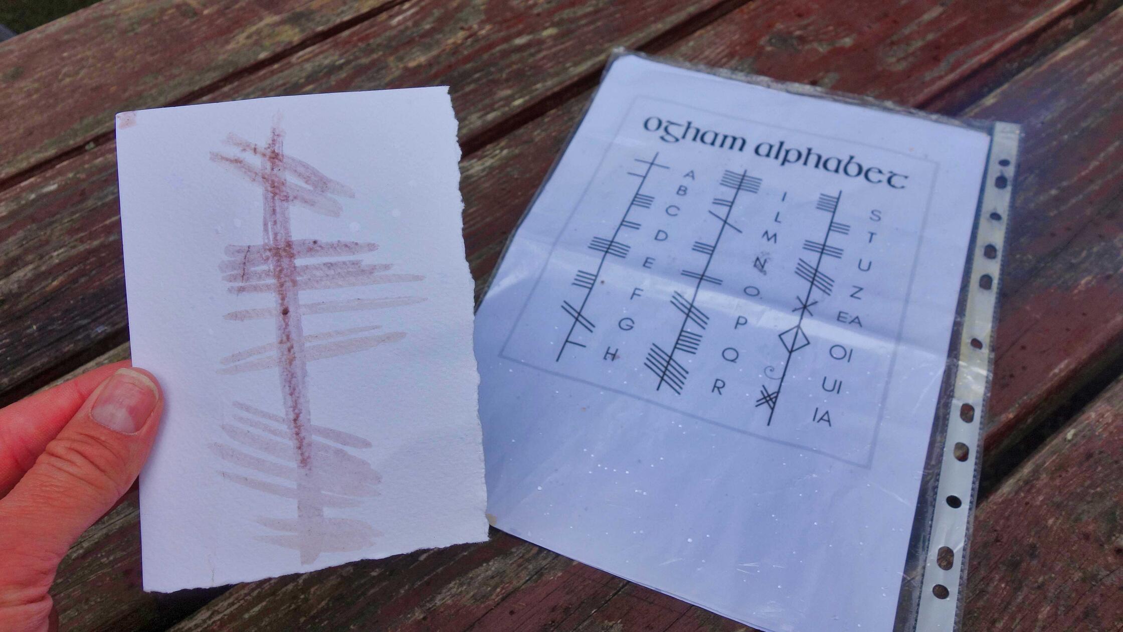 Bei Lorraine fertigen die Teilnehmer eines Naturspaziergangs auch in alter keltischer Schrift nach dem Ogham Alphabet solche Schriftstücke. Unser Fotograf wird seinen Vornamen aber weiterhin in gewohnter Schrift schreiben.