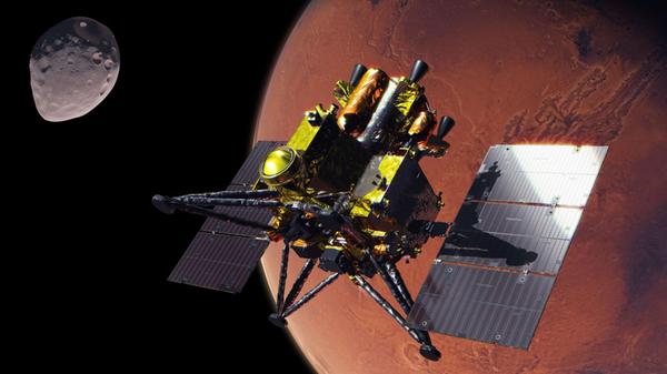 Künstlerische Darstellung der MMX-Raumsonde, die a