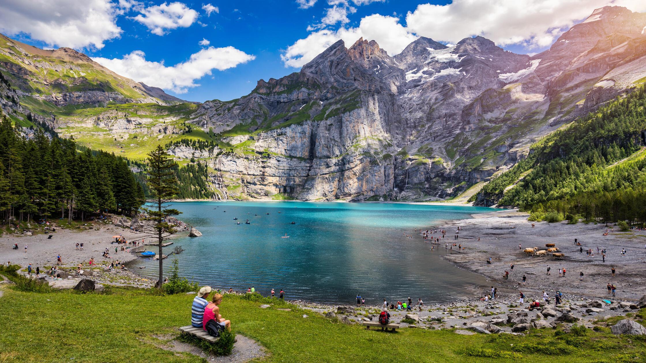 Famous Oeschinensee with Bluemlisalp mountain on a