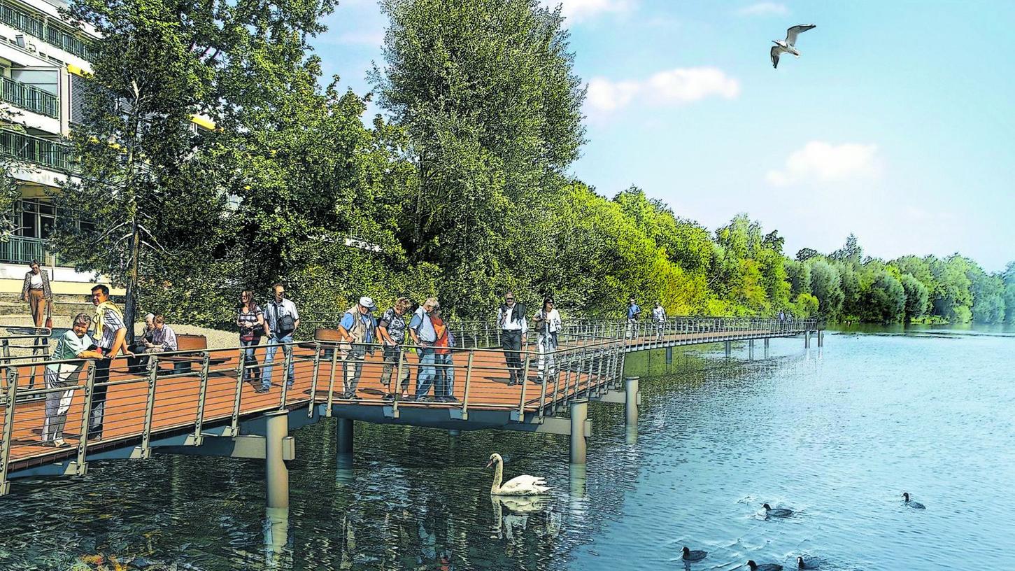So soll der neue Steg am Wöhrder See aussehen, der bis Frühjahr 2012 gebaut wird. Die Genehmigung für das erste Projekt am Wöhrder See für die neue „Wasserwelt“ vor dem Seniorenheim „Wastl“ ist erteilt.Animation: Wasserwirtschaftsamt