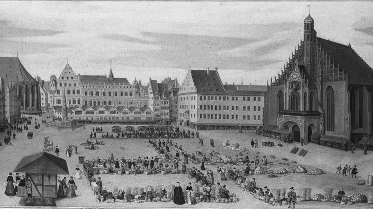 Der Nürnberger Hauptmarkt; Ausdruck aus einer Darstellung von Lorenz Strauch, um 1600 (mehr dazu) .