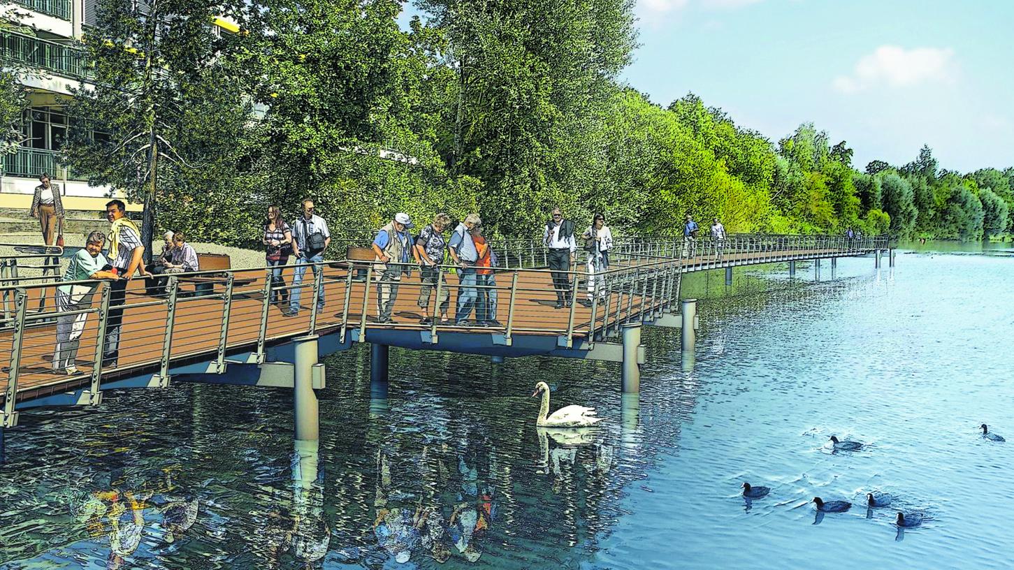 So wird der neue Steg am Wöhrder See aussehen, der bis Juli 2012 gebaut wird. Heute starten die Arbeiten für das Bauwerk, das künftig verhindern soll, dass sich Fußgänger und Radler in die Quere kommen. 