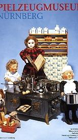 Zwei Dienstboten von Steiff und eine Porzellanpuppe aus Thüringen werkeln in der Puppenküche auf dem Poster von 1999.