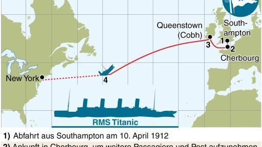 Am 10. April 1912 startete die Titanic von der südenglischen Hafenstadt Southhampton aus zu ihrer Jungfernfahrt. Diese sollte sie über Cherbourg in Nordfrankreich und das irische Queenstown nach New York bringen.