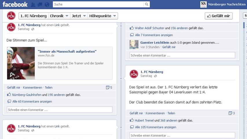 Facebook: Ist der Club jetzt auch – und hat schon fast 141000 Freunde! Da steht dann zum Beispiel: „Der 1. FC Nürnberg verliert das letzte Saisonspiel gegen Bayer 04 Leverkusen mit 1:4. Miriam Bauer, Günther Römling und 365 anderen gefällt das.“