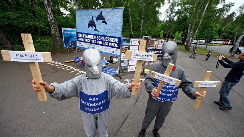 Vor den Toren des Tiergartens protestierten Tierschützer gegen die Haltung der Delfine in der Lagune.