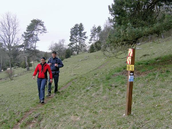 Der rot stilisierte Weg auf gelbem Grund weist den Wanderern die Richtung auf dem Altmühltal-Panoramaweg.