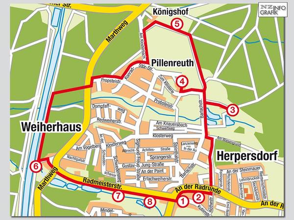 Die Wanderroute führt von Herpersdorf über Pillenreuth, Königshof und Weierhaus, bevor es auf direkten Wege wieder zurück zum Ausgangspunkt geht.