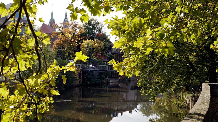 Der Herbst ist auf der Insel Schütt in Nürnberg angekommen und taucht die Pegnitz in goldenes Licht.