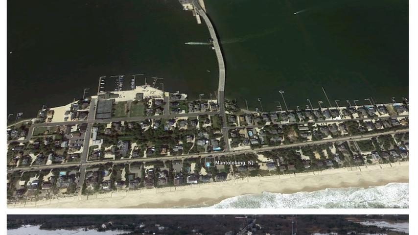 Das Vorher-Nachher-Bild verdeutlicht noch einmal das Ausmaß der Zerstörungen. Das obere Foto stammt aus dem Jahr 2010, das untere wurde am 31. Oktober 2012 aufgenommen, kurz nachdem "Sandy" New Jersey getroffen hatte.