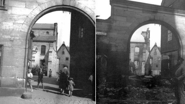 In der Nacht vom 9. zum 10. November 1938 verwüsteten die Nationalsozialisten während der Reichspogromnacht in ganz Deutschland jüdische Geschäfte und Gotteshäuser. Auch hier in der Region hinterließen SA und SS ein Bild der Zerstörung, wie das Vergleichsfoto der Hauptsynagoge in Fürth (rechts im Bild) deutlich zeigt.
