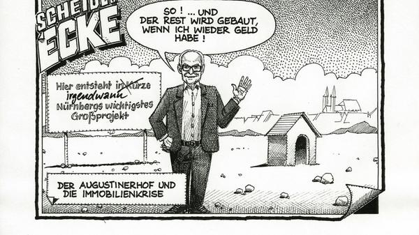 Thomas Scheidl ahnte es in seiner Karikatur aus dem Dezember 2008: Auch heute, vier Jahre später, ist noch nicht viel passiert am Augustinerhof. Nicht einmal die abgebildete Hundehütte steht bisher. Und das, obwohl es in den vergangenen Jahrzehnten an Vorschlägen nicht gemangelt hat. Unsere Bildergalerie bietet einen kleinen Überblick über die Geschichte des Areals und die Ideen der letzten 25 Jahre, wie man es wieder mit Leben erfüllen könnte.