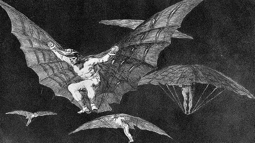 Wie Irrlichter, die in tiefschwarzer Nacht ihrer Befreiung entgegen fliegen, erscheinen die mit Adlerköpfen bekrönten Figuren in Francisco de Goyas Zeichnung "Eine Art zu fliegen" (um 1815).