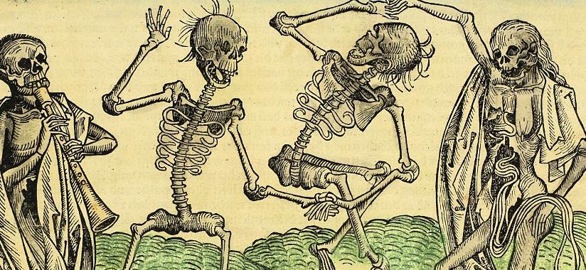 Nach Beginn des Zweiten Weltkrieges waren alle künstlerischen Weggefährten emigriert. Rechts Michael Wolgemuts Holzschnitt "Tanz der Skelette" (1493).