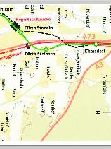 Die Skizze zeigt den Verlauf der drei Bahnstrecken zwischen Eltersdorf, Vach und Fürth, die zahlreiche Brücken und Überführungen nötig machen werden. Hinzu kommt noch eine neue Autobahnausfahrt im Fürther Norden bei Steinach.