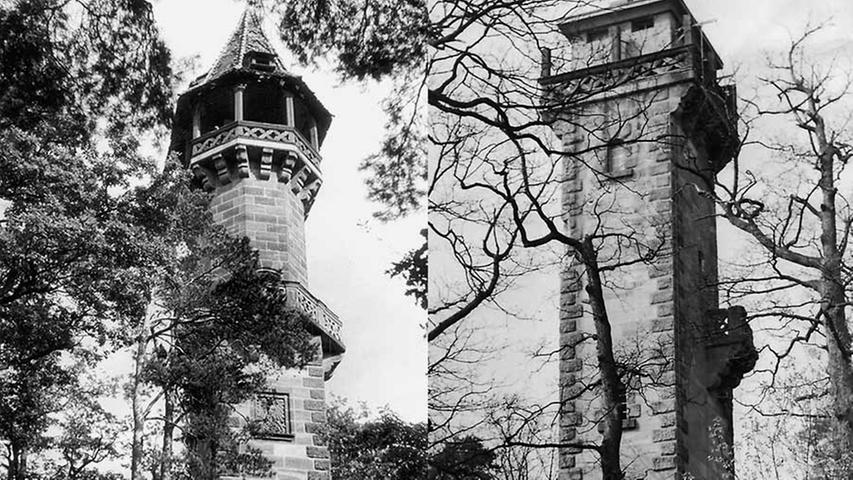 Der Schmausenbuck-Turm: links im Bild im Zustand bis zur Zerstörung, rechts nach der Sanierung. (Zum Artikel: "Aussichtsturm erhält verglaste Plattform" )