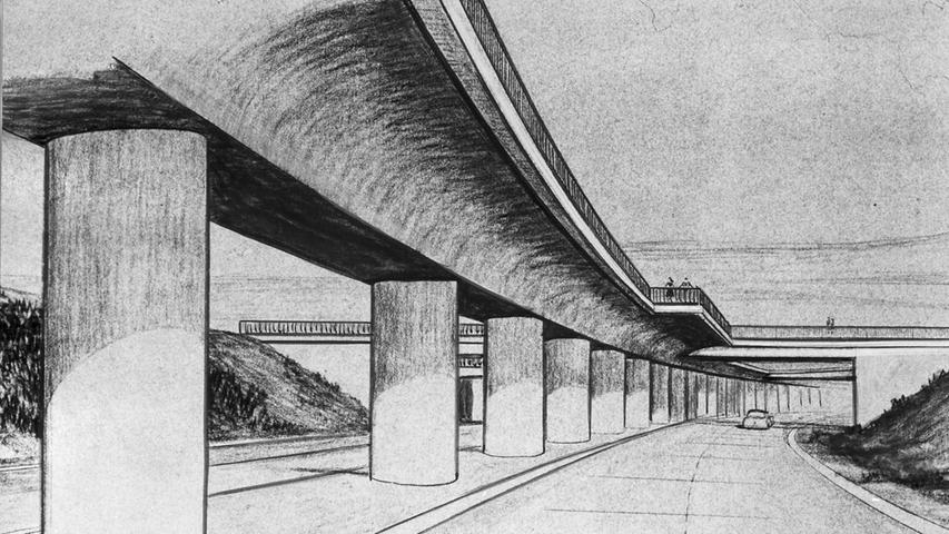 Es sollte aber noch bis 1953 dauern, bis der Plan für den heutigen Frankenschnellweg zwischen Feucht, Nürnberg und Erlangen erstellt wurde.  Die hier abgebildete Zeichnung von 1959 zeigt die Brücke für die Straßenbahn kurz vor der Schwabacher Straße.
