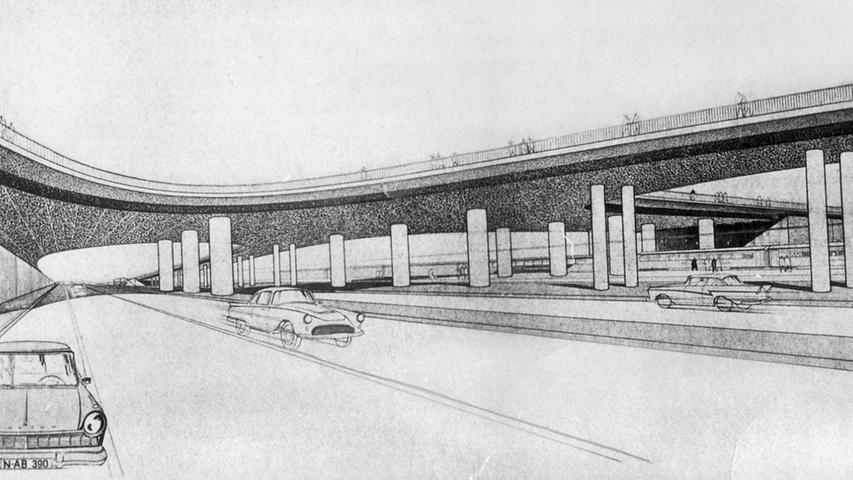 Diese Zeichnung von 1960 zeigt ganz rechts (hinter dem dargestellten Zug) die Maximilianstraße aus Richtung der Fürther Straße. Im Vordergrund ist die Schnellstraße zu sehen, rechts daneben der Gleiskörper der Bundesbahn.