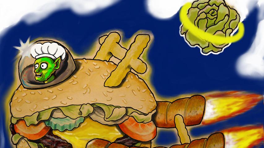 Überirdisch gut scheint Tobias Geyer Currywurst und Burger zu finden. Dies animierte ihn zu dieser Zeichnung.