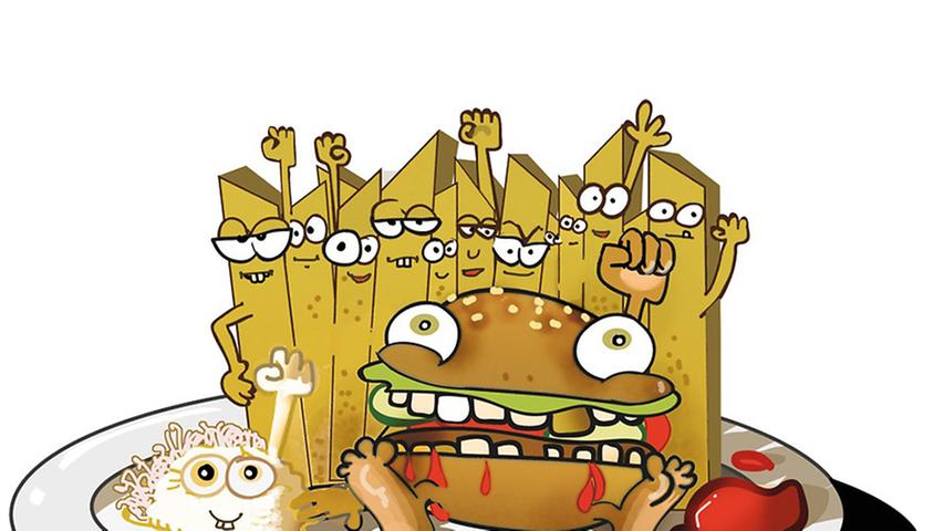 Auch der bekannte Nürnberger Karikaturist Gymmick lieferte seinen Beitrag zum Bierdeckel-Kunstwettbewerb. Wer bei diesem Anblick von Burger, Pommes und Cole Slaw erstens nicht schmunzeln muss und zweitens nicht Hunger bekommt, dem ist auch nicht zu helfen.
