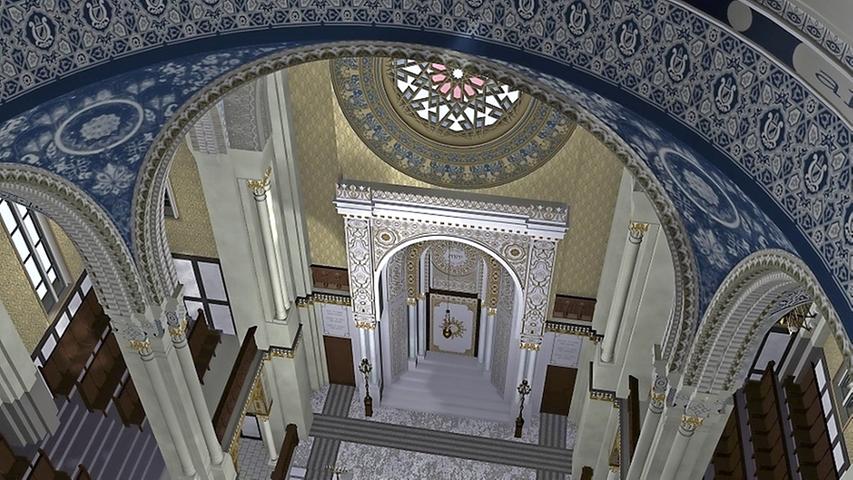 Es gibt nur wenige Bilder der einstigen Hauptsynagoge. Die Rekonstruktion lässt einen Blick in das Innere der Synagoge zu.