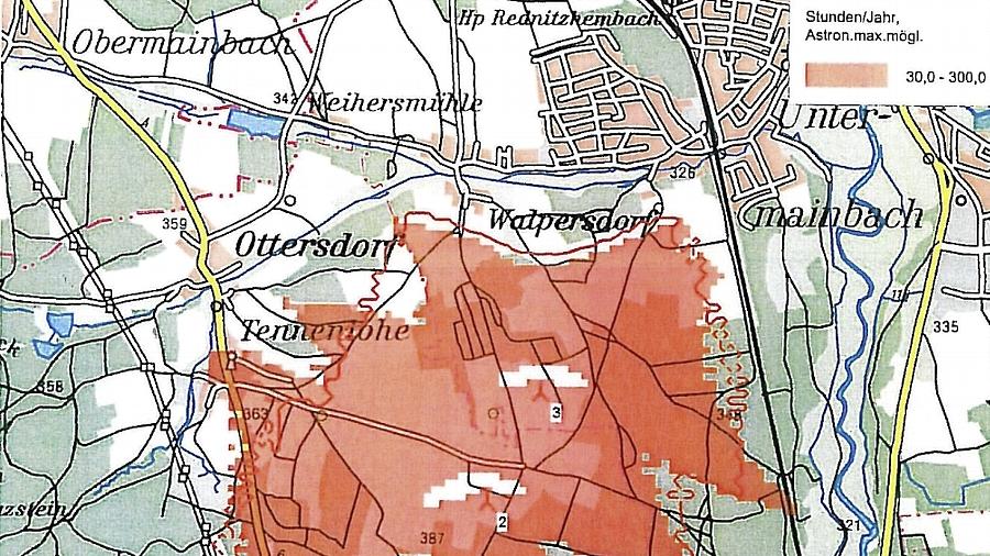 Die „Schatten-Karte“ der drei beantragten Windräder (Nummer 1, 2 und 3). Die BBV-Landsiedlung versichert: „Kein Bürger braucht sich Sorgen zu machen.“ Die „Schatten-Karte“ der drei beantragten Windräder (Nummer 1, 2 und 3). Die BBV-Landsiedlung versichert: „Kein Bürger braucht sich Sorgen zu machen.“