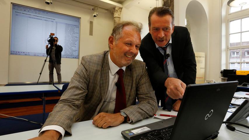 Michael Ruf und Wahlvorstand Wolf Schäfer saßen den ganzen Sonntag über am Laptop, um die aktuellen Auszählungen zu bündeln.