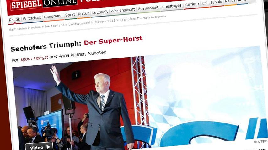 "Fünf Jahre musste er auf diese Genugtuung warten, jetzt hat Horst Seehofer seine CSU wieder zur absoluten Mehrheit in Bayern zurückgeführt. Für Kanzlerin Merkel könnte der wiedererstarkte Partner aus dem Süden noch richtig anstrengend werden."
 Zum Artikel auf Spiegel-Online.